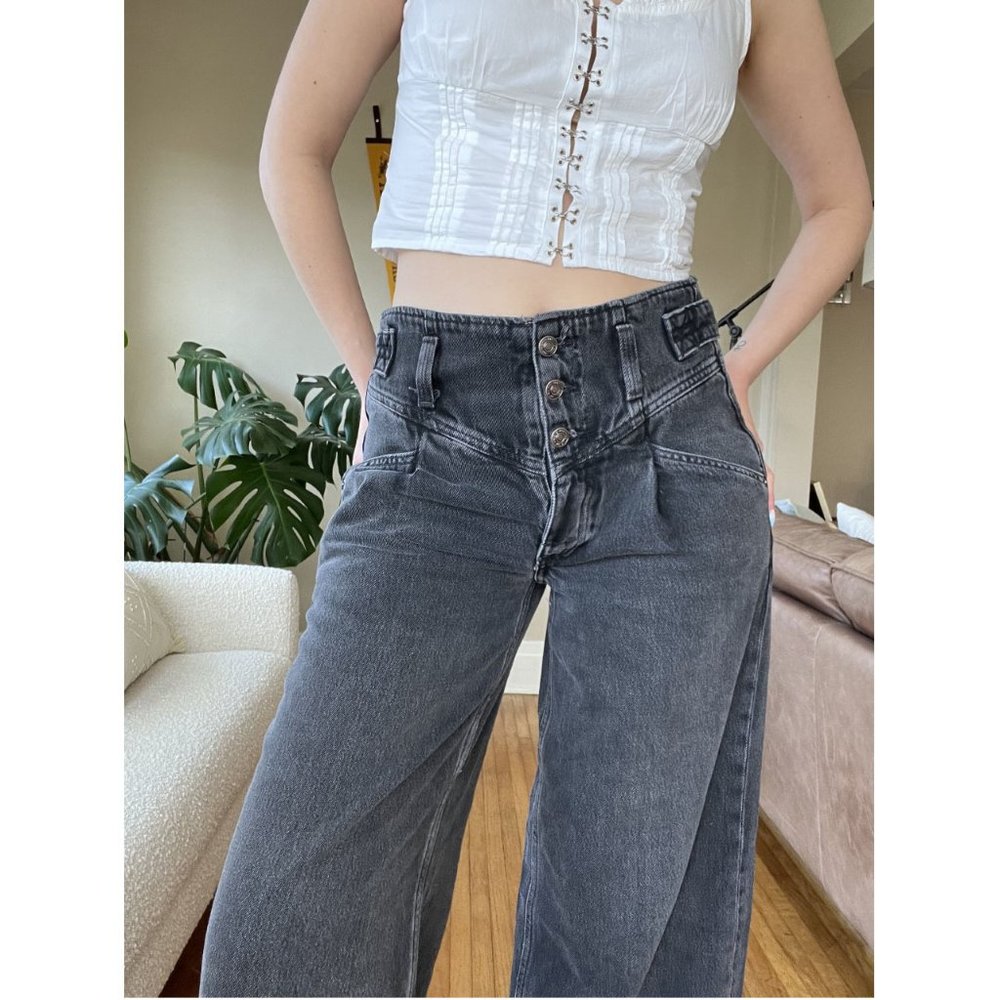 FREE PEOPLE Care FP Super Sweeper Wide Leg Jeans / Worn Black